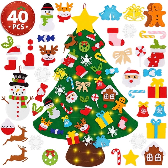 Yalumo 3.3 FT DIY Felt Christmas Tree with Led String Light, Wall Hanging Felt Christmas Tree with 40pcs Detachable Ornaments for Xmas Party Favors Gift (Batteries Not Included)