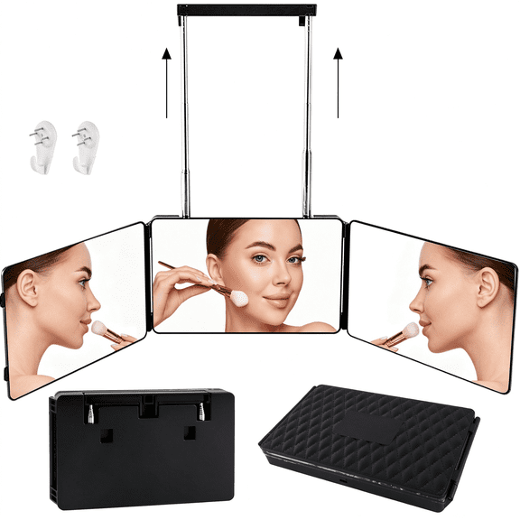 Yalumo 3 Way Mirror for Hair Cutting, 360View Trifold Self Haircut Mirror with Adjustable Height Hooks, Portable Travel Three Way Grooming Mirror for Men & Women