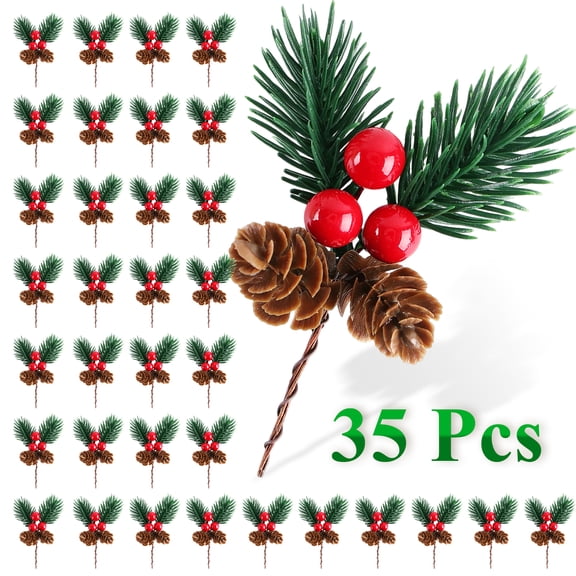 Yalumo 35 Pcs Christmas Pine Cones and Red Berries Picks, Artificial Floral Holly Stems and Greenery Sprays for Christmas Tree, Wreath, Garland, and DIY Holiday Decorations