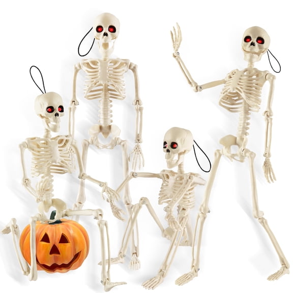 Yalumo 4 Pack 16” Skeleton Halloween Decorations, Full Body Posable Skeleton with Movable Joints, Small Plastic Skeleton Props for Haunted Houses, Graveyards, Yards