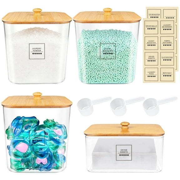 Yalumo 4 Pack Laundry Pods Container, Clear Laundry Room Organization and Storage with Bamboo Lids and Labels, Laundry Detergent Container for Powder