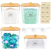 Yalumo 4 Pack Laundry Pods Container, Clear Laundry Room Organization and Storage with Bamboo Lids and Labels, Laundry Detergent Container for Powder