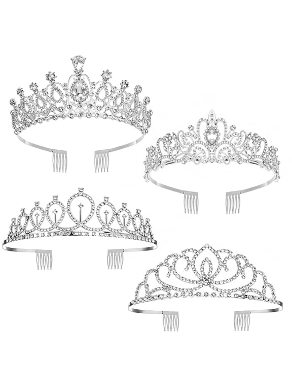 4Pcs Tiaras Crowns for Women, Crystal Queen Tiaras Crowns Headband, Silver Tiara Hair Accessories, Dazzling Rhinestone Princess Crown with Combs for Women, Weddings, Birthday, Party
