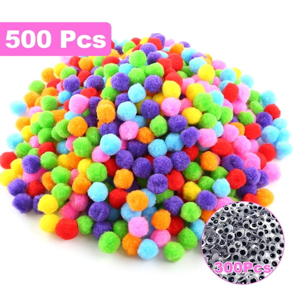 Yalumo 500 Pcs 1inch Pom Poms with 300 Pcs Wiggle Eyes, Assorted Color Bulk Pom Poms for Crafts and Arts, Soft and Fluffy Craft Pompoms Balls for Home Decorations DIY Crafts Supplies