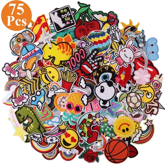 Yalumo 75Pcs Iron on Patches For Clothes, Random Assorted Styles Embroidered Patches Funny Iron on Patches Sew on/Iron on Patch Applique for Clothes, Dress, Hat, Jeans, DIY Accessories
