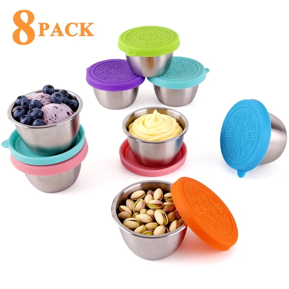 Yalumo 8 Pack Salad Dressing Container To Go, 2.4 oz Small Condiment Containers with Silicon Lids, Reusable Leakproof Stainless Steel Sauce Cups for Lunch Box, Picnic and Travel