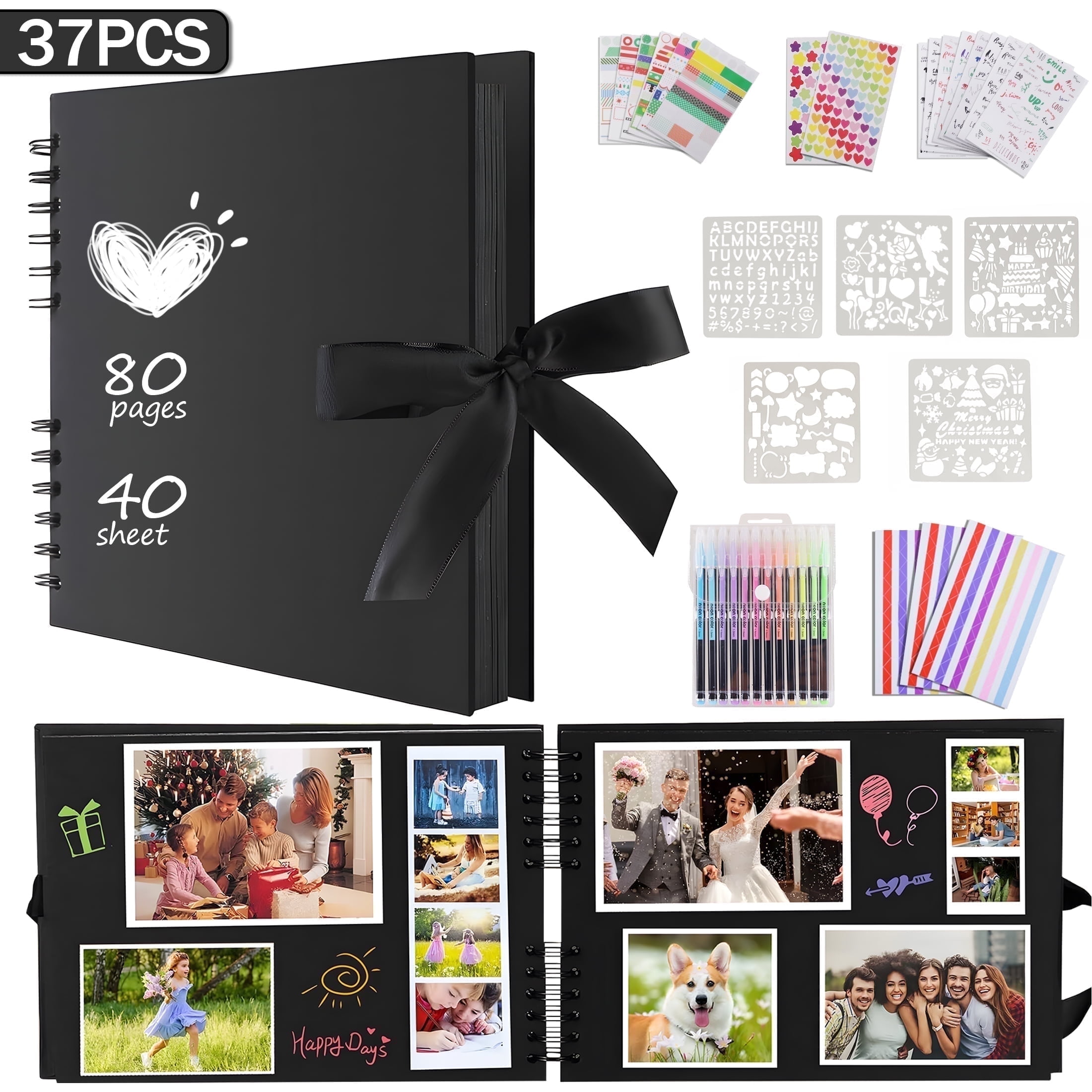 Yalumo 80 Pages Scrapbook Album, Photo Album Scrapbook 11.3x8.5 Inch with 12 Markers, Cardboard Scrapbooking Kit for Family DIY Wedding Birthday Anniversary, Black, Back to School Memory