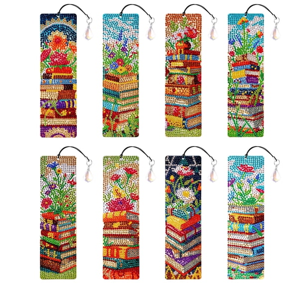 Yalumo 8PCS Diamond Art Bookmarks Kits for Adults, Book and Flower Diamond Painting Bookmarks with Pendant, Acrylic DIY 5D Rhinestone Diamond Bookmarks Making Kit for Beginners Reader Book Lover