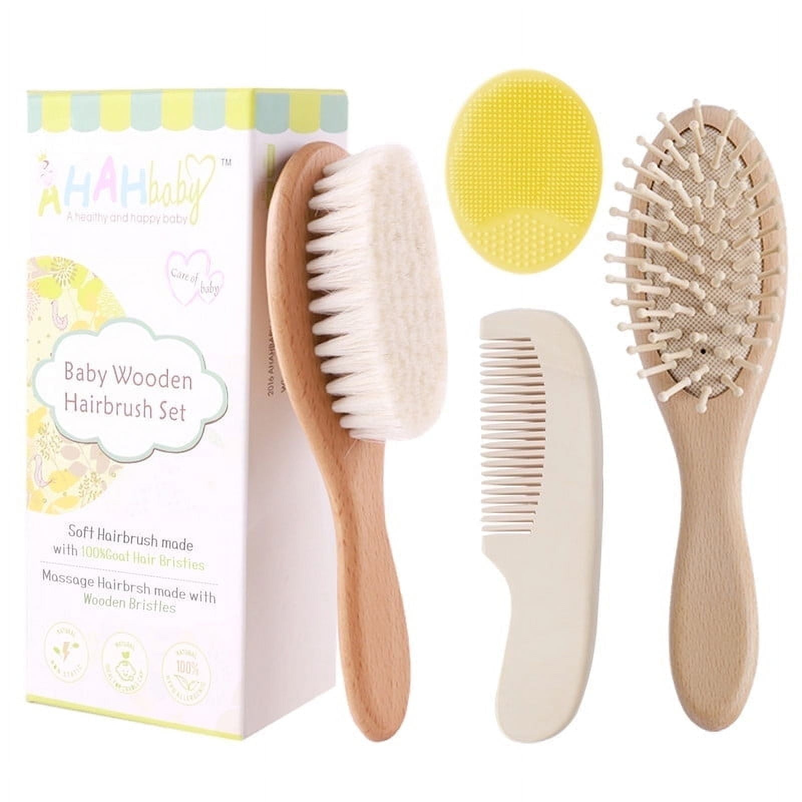 Yalumo Baby Hair Brush and Comb Set for Newborn and Toddlers, Natural Wooden Baby Hair Brush Set