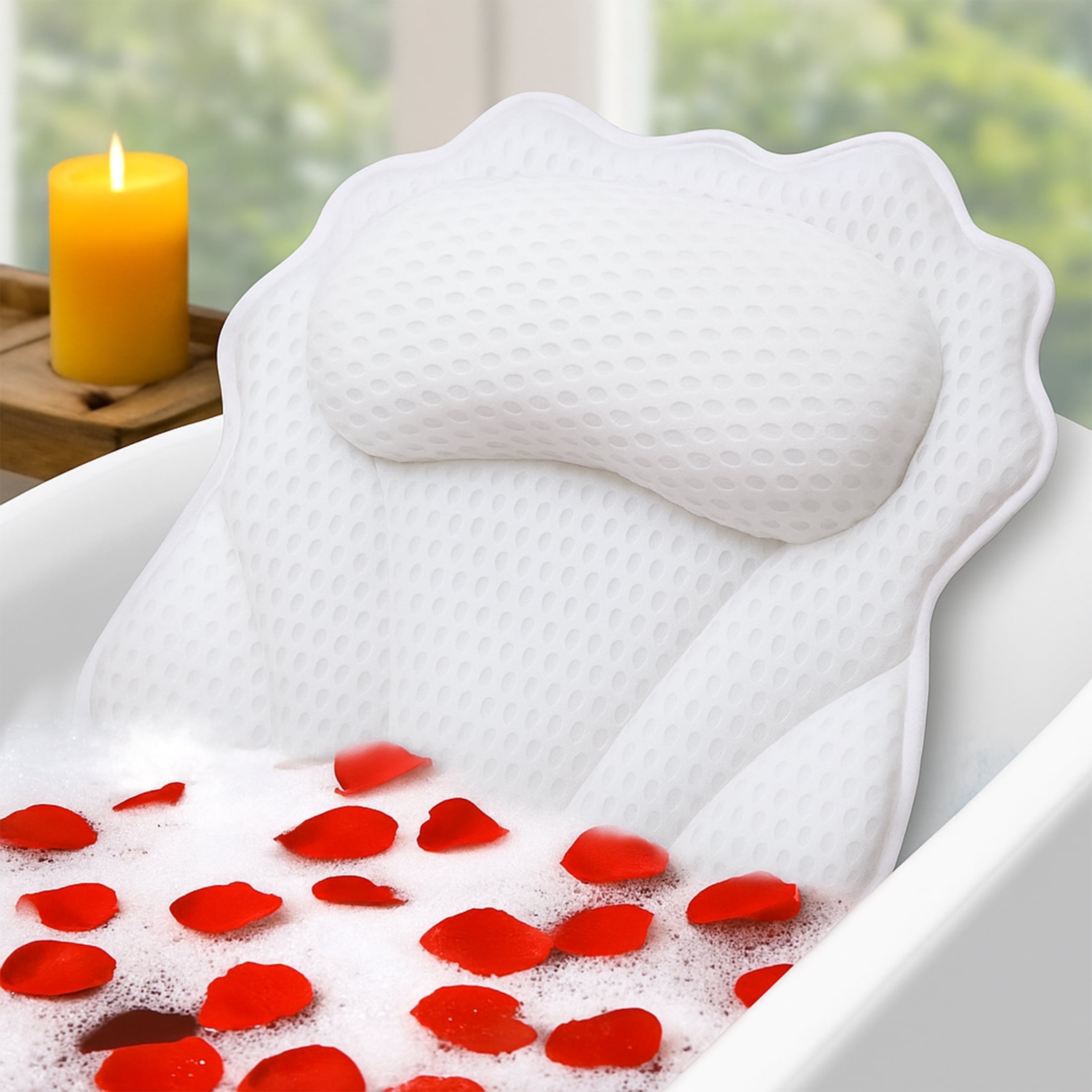 Yalumo Bath Pillow for Tub, Ergonomic 4D Air Mesh Bathtub Pillow with Head, Neck & Back Support, 6 Soft Non-Slip Suction Cups, Quick Dry Washable Bath Accessories for Relaxing Spa (White)