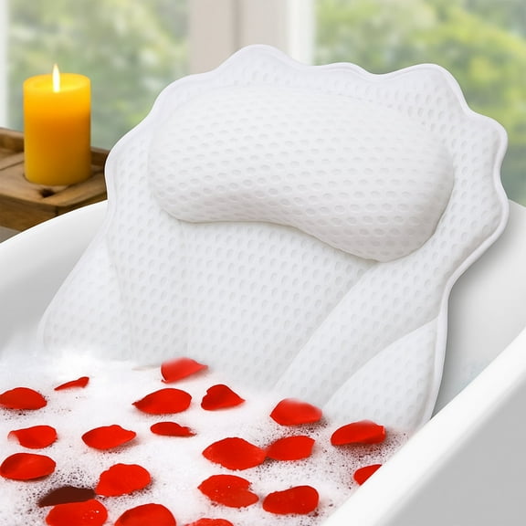 Yalumo Bath Pillow for Tub, Ergonomic 4D Air Mesh Bathtub Pillow with Head, Neck & Back Support, 6 Soft Non-Slip Suction Cups, Quick Dry Washable Bath Accessories for Relaxing Spa (White)