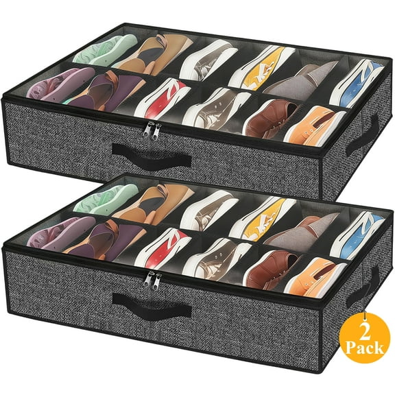 Yalumo Under Bed Shoe Storage 2 Pack, Fits Up to 12-24 Pairs Shoes, Foldable Container Box with Clear Cover and Reinforced Handles, L29" x W23.6" x H5" Closet Organizer for Home, Linen-like Grey