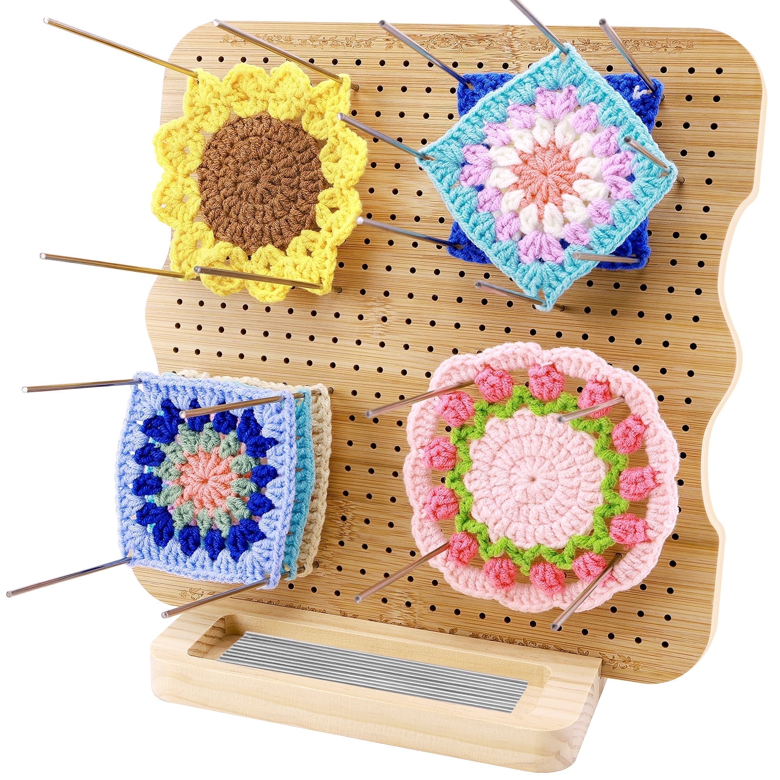 Yalumo Crochet Blocking Board with 20 Pegs, 11.8 Inch Wooden Granny Square Blocking Board with Engraved Pattern for Crochet Projects and Knitting, Crocheting Accessories Gifts for Crocheters
