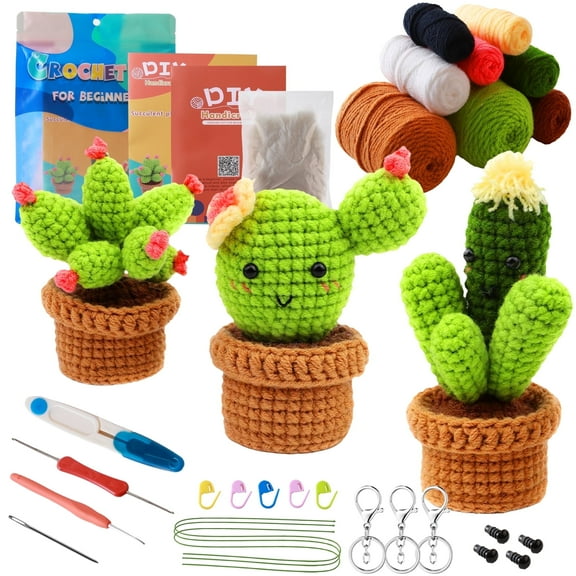Yalumo Crochet Kit for Beginners, Crochet Starter Kits for Adults with Step-by-Step Video Tutorials, 3 Pcs Cactus Plants Family Crochet Kit with Crochet Accessories