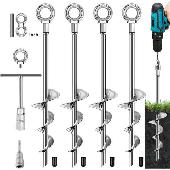 Yalumo 4 Pack Ground Anchors Screw in, 18 Heavy Duty Ground Anchors Metal Earth Auger Anchors Trampoline Stakes Kit High Wind for Swing Set Shed Rv Canopy Gazebo Mobile Home Tree Playground
