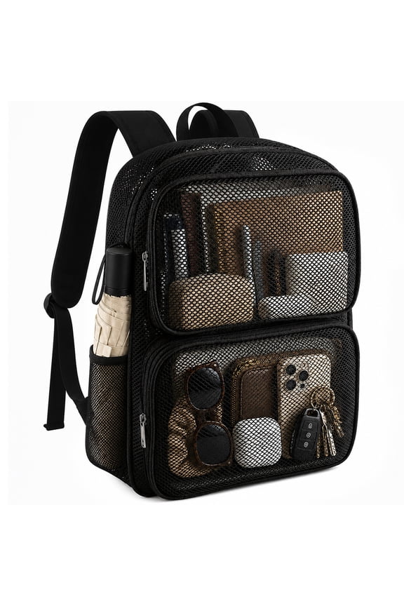 Heavy Duty Mesh Backpack, Semi-transparent Mesh Beach Backpack with Comfort Padded Straps, Large Capacity Mesh Bookbag for Swimming, Travel, Beach, Outdoor Sports, Black