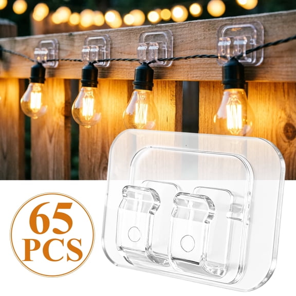 Yalumo Hooks for Outdoor String Lights Clips, 65 PCS Large Clear Heavy Duty Adhesive Outdoor Light Clips, Cable Light Holders Organizer for LED String Lights, Patio, Porch, Balcony, Fence, Wall