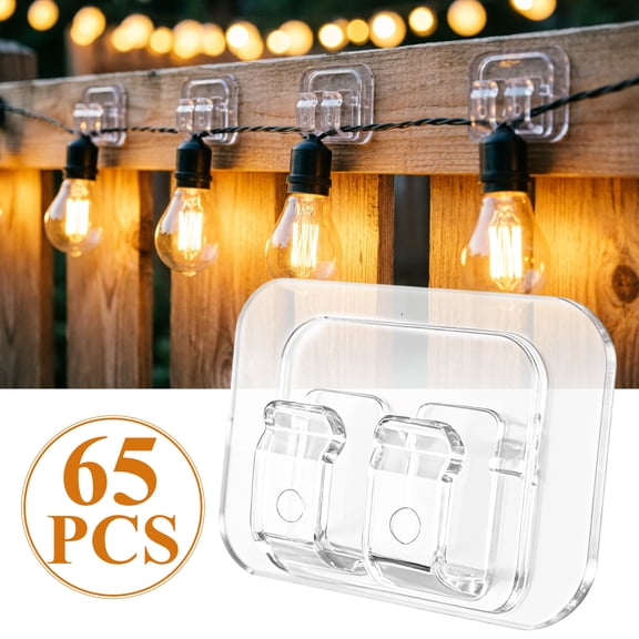 Yalumo Hooks for Outdoor String Lights Clips, 65 PCS Large Clear Heavy Duty Adhesive Outdoor Light Clips, Cable Light Holders Organizer for LED String Lights, Patio, Porch, Balcony, Fence, Wall