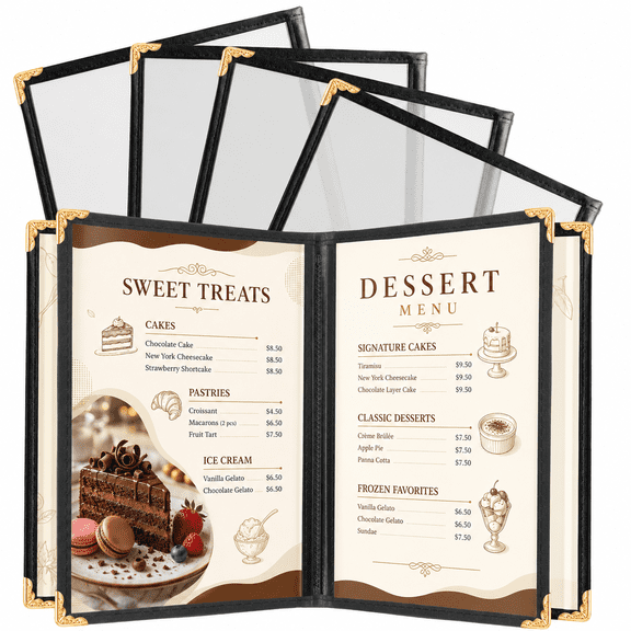 Yalumo Menu Covers 8.5 x 11, 4 Page 8 View Clear PVC Restaurant Menu Covers, Leather Trim Menu Book Holders for Food Menus, Drink Lists, Price Lists and Daily Specials