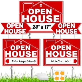 Yalumo Open House Signs for Real Estate, 3 Pcs Extra Large 24" x 17" and 2 Pcs 17" x 6" Waterproof Double Sided Yard Signs with Metal Stakes and Arrow Sticker for Agents Property Sale