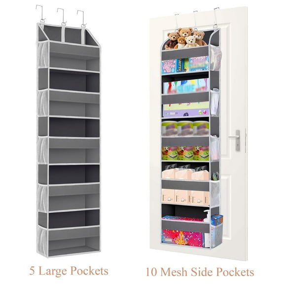 Yalumo Over The Door Organizer, Bathroom Organizers and Storage with 5 Large Pockets 10 Mesh Side Pockets, 44 lbs Weight Capacity Behind Door Organizer Hanging Door for Bathroom Bedroom Nursery, Grey