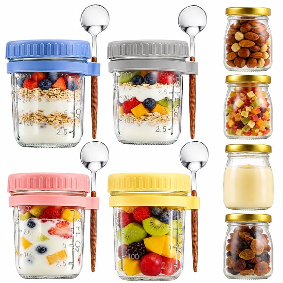 Yalumo Overnight Oats Containers with Lids, 8 Pack (16oz & 12oz) Glass Salad Jars with Spoons, Airtight Meal Prep Jars for Yogurt, Chia Pudding, Oatmeal, Cereal, Salad