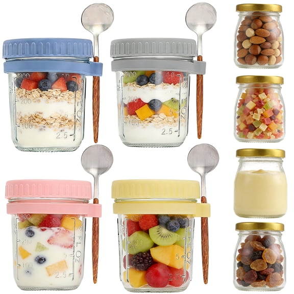 Yalumo Overnight Oats Containers with Lids, 8 Pack (16oz & 12oz) Glass Salad Jars with Spoons, Airtight Meal Prep Jars for Yogurt, Chia Pudding, Oatmeal, Cereal, Salad