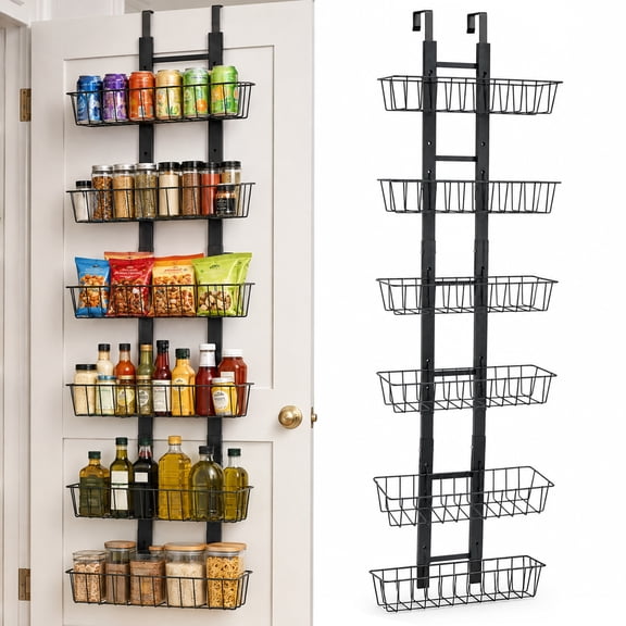 Yalumo Pantry Door Organizer, 6-Tier Over The Door Cabinet Storage Rack with Metal Baskets, Hanging Spice Rack Shelves for Kitchen, Bathroom, Laundry Room and Home Organization, Black