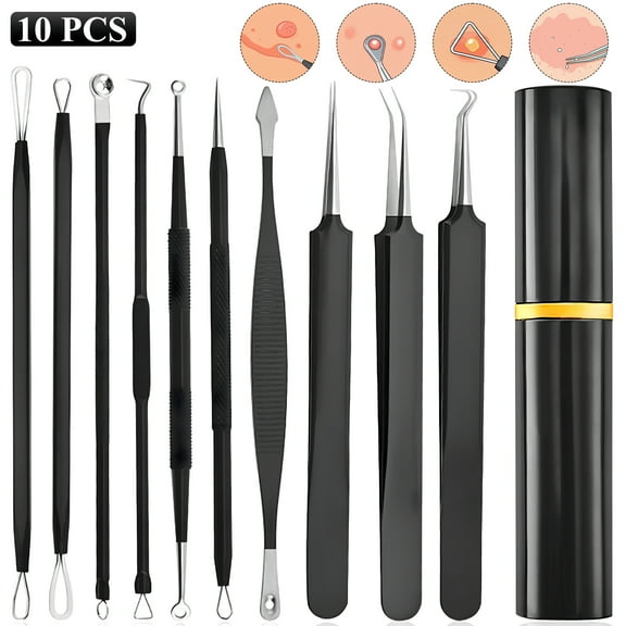 Yalumo Pimple Popper Tool Kit, 10 Pcs Blackhead Remover Tools Stainless Steel Comedone Extractor Kit with Box for Removing Pimples Blackheads Zit on Face and Nose (black)