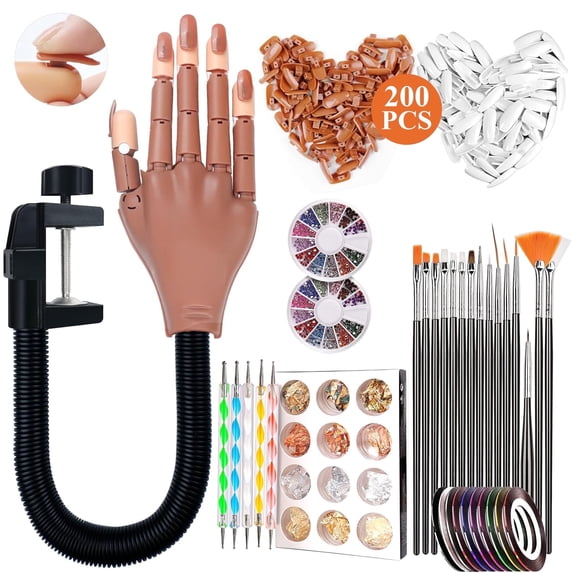 Yalumo Brown flexible practice hand for acrylic nails with 200 nail tips and manicure accessories