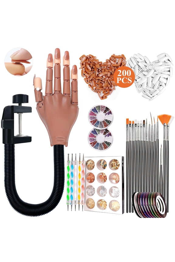 Practice Hand for Acrylic Nails, Flexible Nail Practice Fake Hand with 200 PCS Nail Tips and Manicure Accessories, Professional Movable Manicure Training Hand