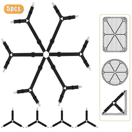 Yalumo Sheet Straps Set of 5, Adjustable Secure and Fitted Sheet Straps with Metal Clips Include 4 Pcs Upgraded Triangular Sheet Clip and 1 6 Way Bed Sheet Straps Clips (Black)