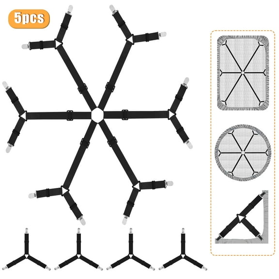 Yalumo Sheet Straps Set of 5, Adjustable Secure and Fitted Sheet Straps with Metal Clips Include 4 Pcs Upgraded Triangular Sheet Clip and 1 6 Way Bed Sheet Straps Clips (Black)