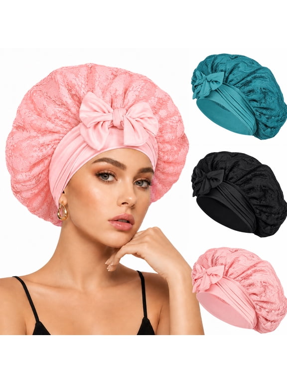 Silk Bonnet for Sleeping, 3 Pcs Women Double Layer Satin Bonnet with Lace Edge, Non-Slip Sleep Cap with Wide Elastic Band for Curly & Long Hair