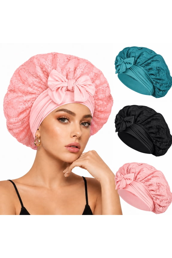 Silk Bonnet for Sleeping, 3 Pcs Women Double Layer Satin Bonnet with Lace Edge, Non-Slip Sleep Cap with Wide Elastic Band for Curly & Long Hair