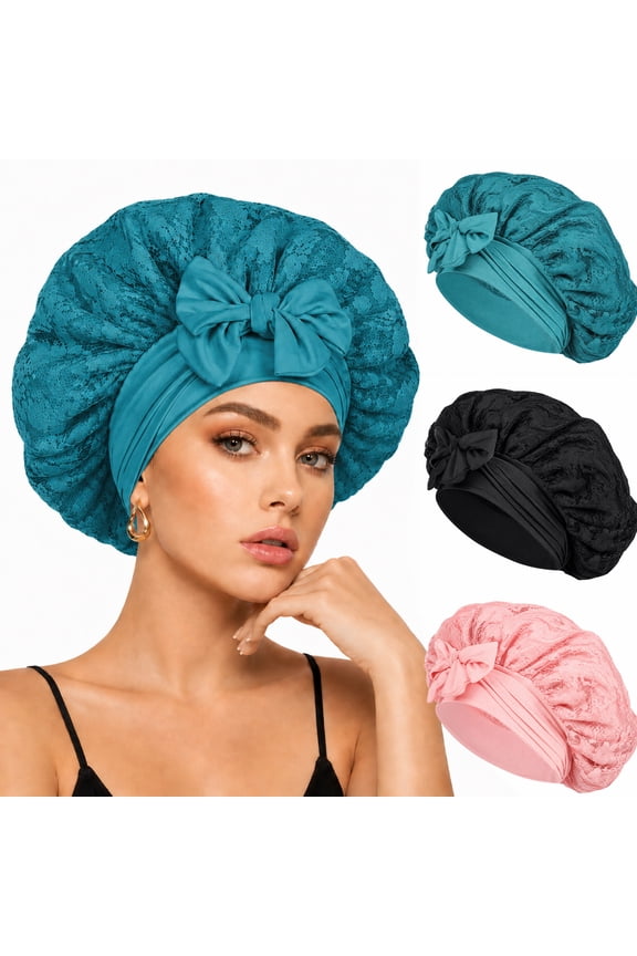 Silk Bonnet for Sleeping, 3 Pcs Women Double Layer Satin Bonnet with Lace Edge, Non-Slip Sleep Cap with Wide Elastic Band for Curly & Long Hair