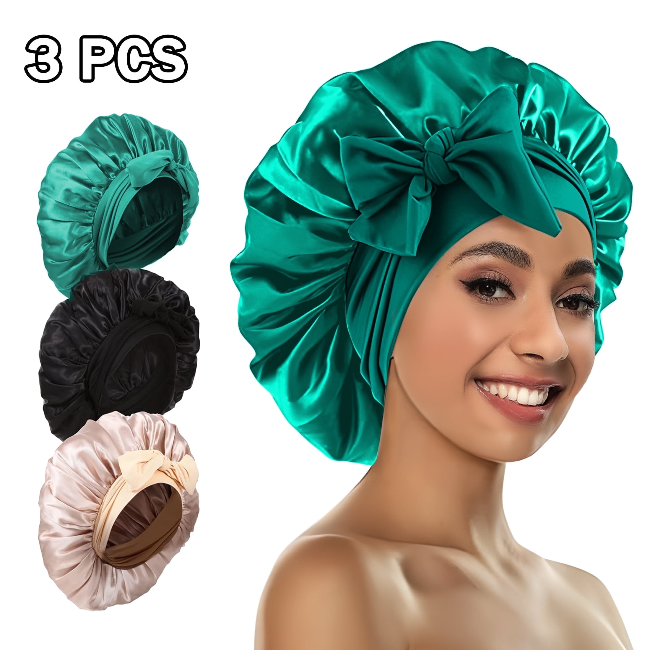 Yalumo Silk Bonnet for Sleeping, 3 Pcs Women Satin Bonnet Non-Slip Silk Cap with Elastic Wide Band for Curly Hair Long Hair