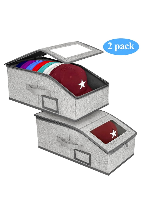 Stackable Hat Storage for Baseball Caps, 2PCS Hat Organizer for Closet Holds Up to 24 Caps, Sturdy Snapback Hat Storage Box with Clear Window Lid, Space-Saving Foldable Hat Holder, Grey