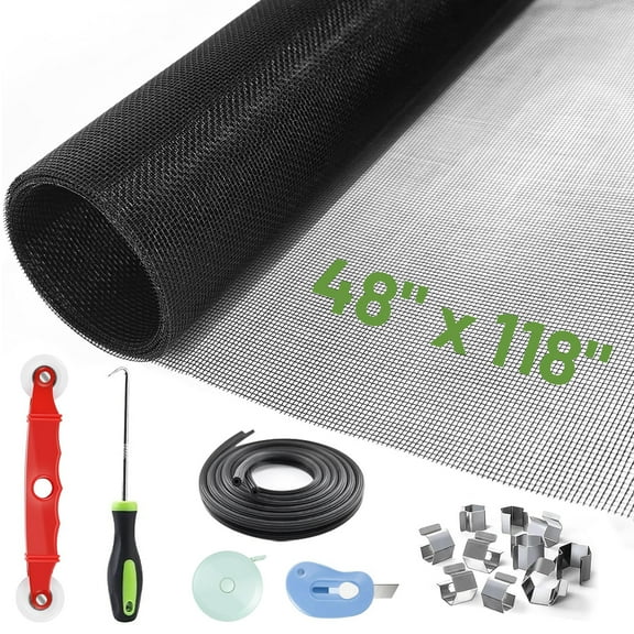 Yalumo 48" x 118" Window Screen Door Repair Kit, Screen Door Mesh Replacement, DIY Adjustable Fiberglass Window Screen Patch Repair Kit with Rolling Tool Hook Ruler Cutter Spline Clips, Black