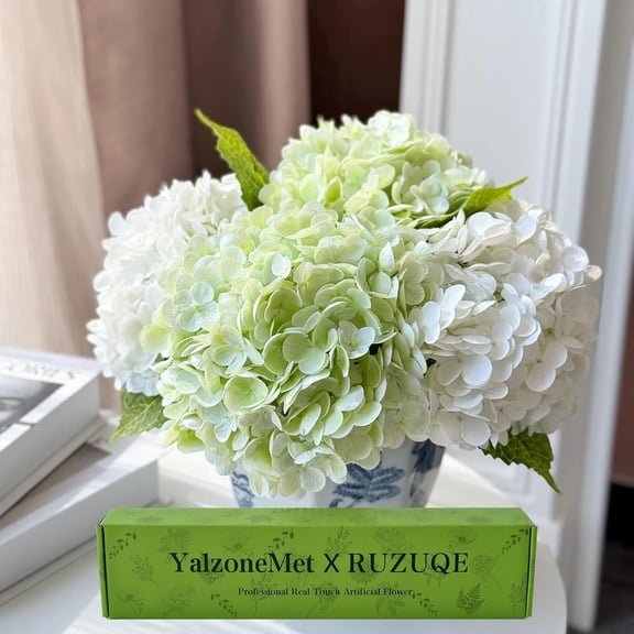 YalzoneMet Artificial Hydrangea Flowers 4 Pcs 2 White 2 Light Green 21 inch Long Rod Real Touch Lifelike Fake Latex Hydrangea Flowers for Home Party Outdoor Wedding Gifts Christmas Table Decoration