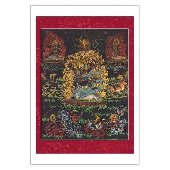 Yama Dharmaraja - Buddhist Protector Deity - Vintage Tibetan Thangka Buddhist Painting c.1800s - Fine Art Matte Paper Print (Unframed) 30x44in