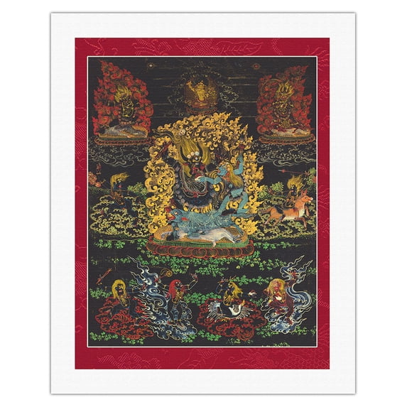 Yama Dharmaraja - Buddhist Protector Deity - Vintage Tibetan Thangka Buddhist Painting c.1800s - Fine Art Rolled Canvas Print 20in x 26in