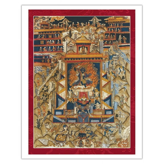 Yama Lord of Death and Justice - Buddhist Deity - Vintage Tibetan Thangka Buddhist Painting - Tibet, 18th Century - Fine Art Matte Paper Print (Unframed) 11x14in