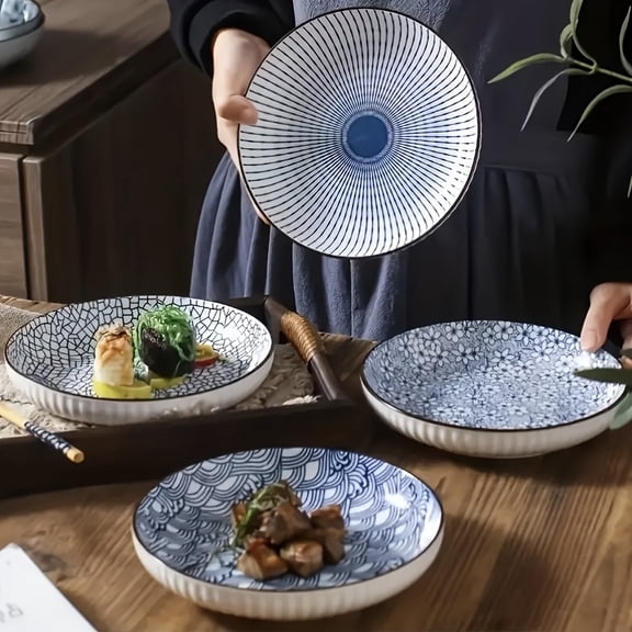 Yamada Household Ceramic Serving Plates, 8 Inch Round Deep Plates with Non-slip Edge, Underglaze Color Nordic Style Steak Plates, Set of 4 Multicolor