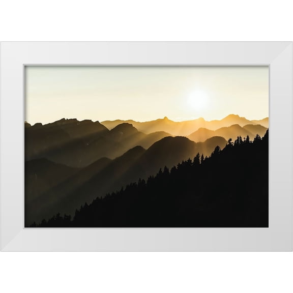 Yamada, Tomomi 32x23 White Modern Wood Framed Museum Art Print Titled - Sunset sun rays over the mountains
