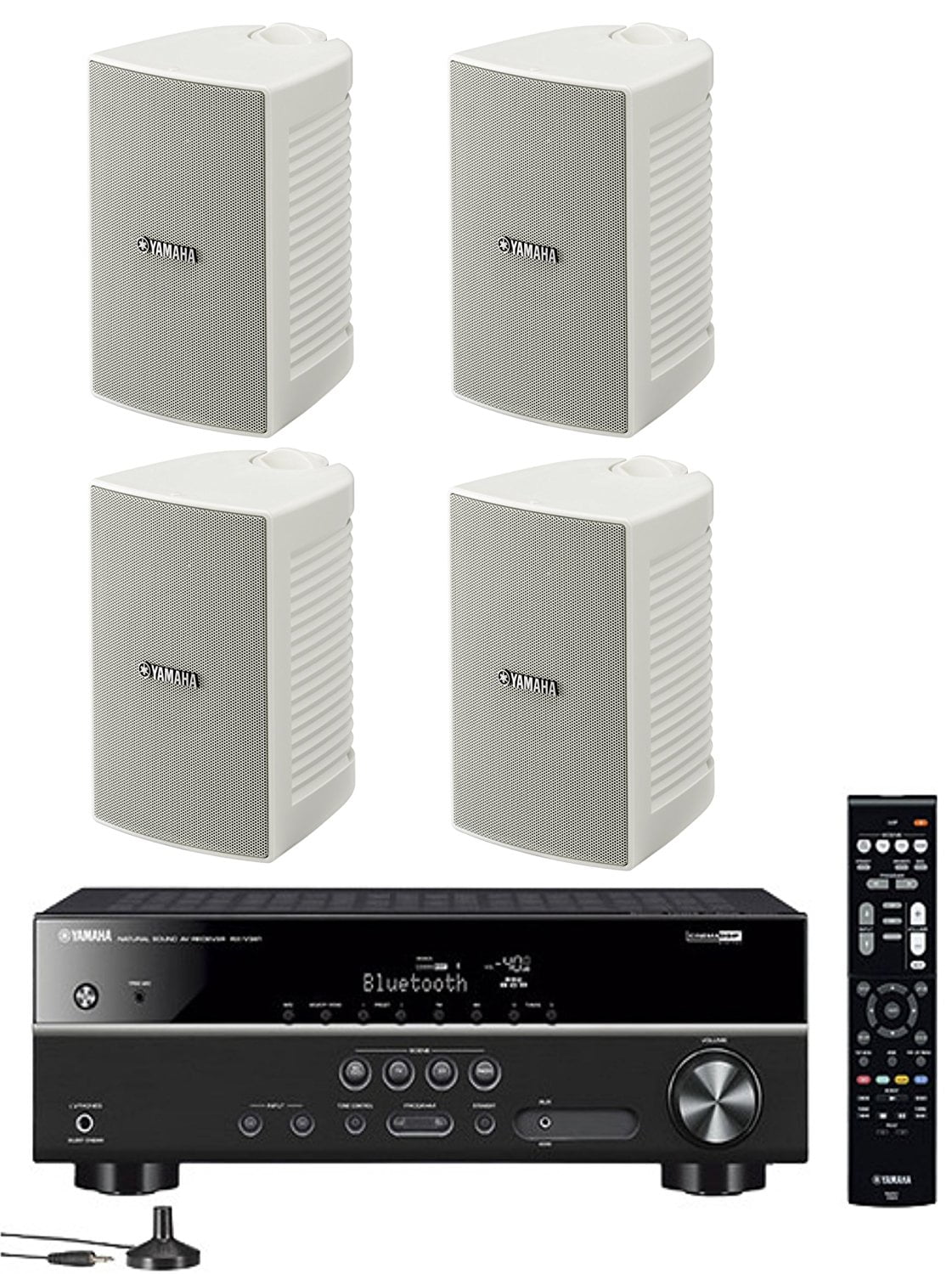 Yamaha 5.1-Channel Wireless Bluetooth 4K A/V Home Theater Receiver + Yamaha Natural Sound High performance 2-Way Indoor/Outdoor Weatherproof Speakers (Set Of 4)