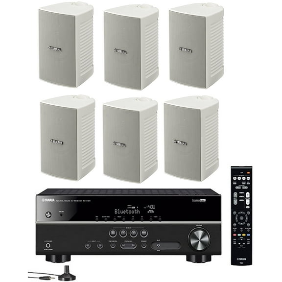 Yamaha 5.1-Channel Wireless Bluetooth 4K A/V Home Theater Receiver + Yamaha Natural Sound High performance 2-Way Indoor/Outdoor Weatherproof Speakers (Set Of 6)