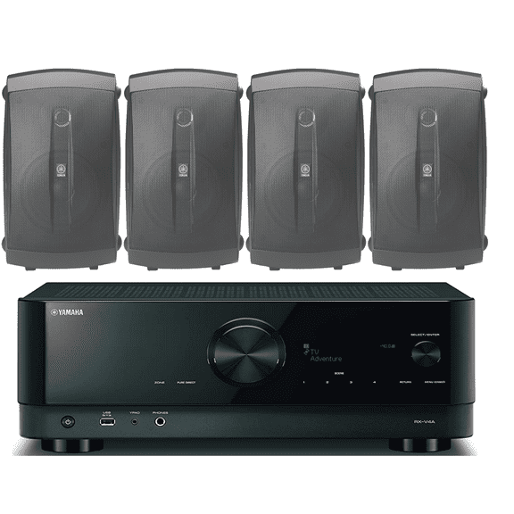 Yamaha 5.2-Channel Wireless Bluetooth 4K 3D A/V Surround Sound Receiver + Yamaha High-Performance Surround Sound 2-Way Indoor/Outdoor Weatherproof Speaker System (Set Of 4)