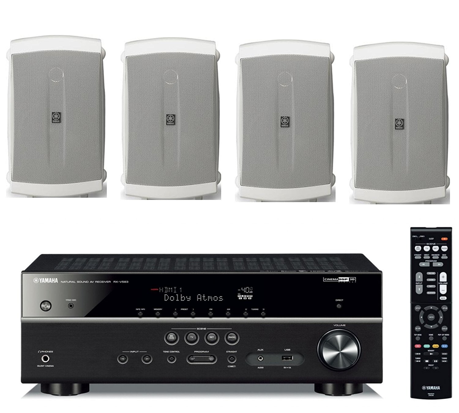 Yamaha 7.2-Channel Wireless Bluetooth 4K Network A/V Wi-Fi Home Theater Receiver + Yamaha High-Performance Natural Surround Sound 2-Way Indoor/Outdoor Weatherproof Speaker System (Set Of 4)