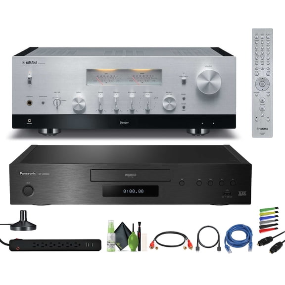 Yamaha R-N2000A 2.1-Channel Network Stereo Receiver (Silver) Bundle With DP-UB9000 HDR UHD 4K Network Blu-ray Disc Player + Cat5e Ethernet Patch Cable Stranded - Black + More